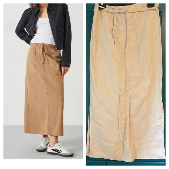 Vintage Dresses & Skirts - Y2K Linen Blend Cargo Long Skirt w slits - draw string waist sz XS